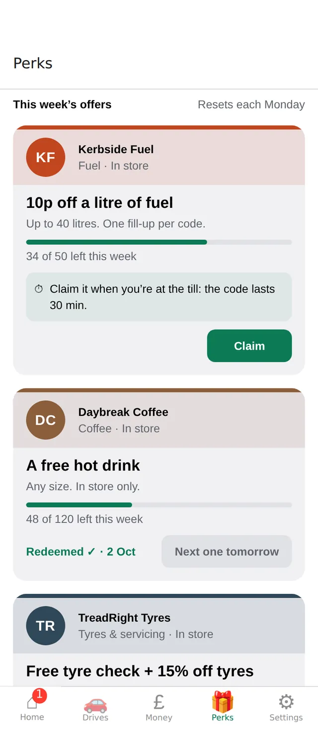 The Perks tab: this week's offers, such as 10p off a litre of fuel and a free hot drink, each with a Claim button and how many are left this week.