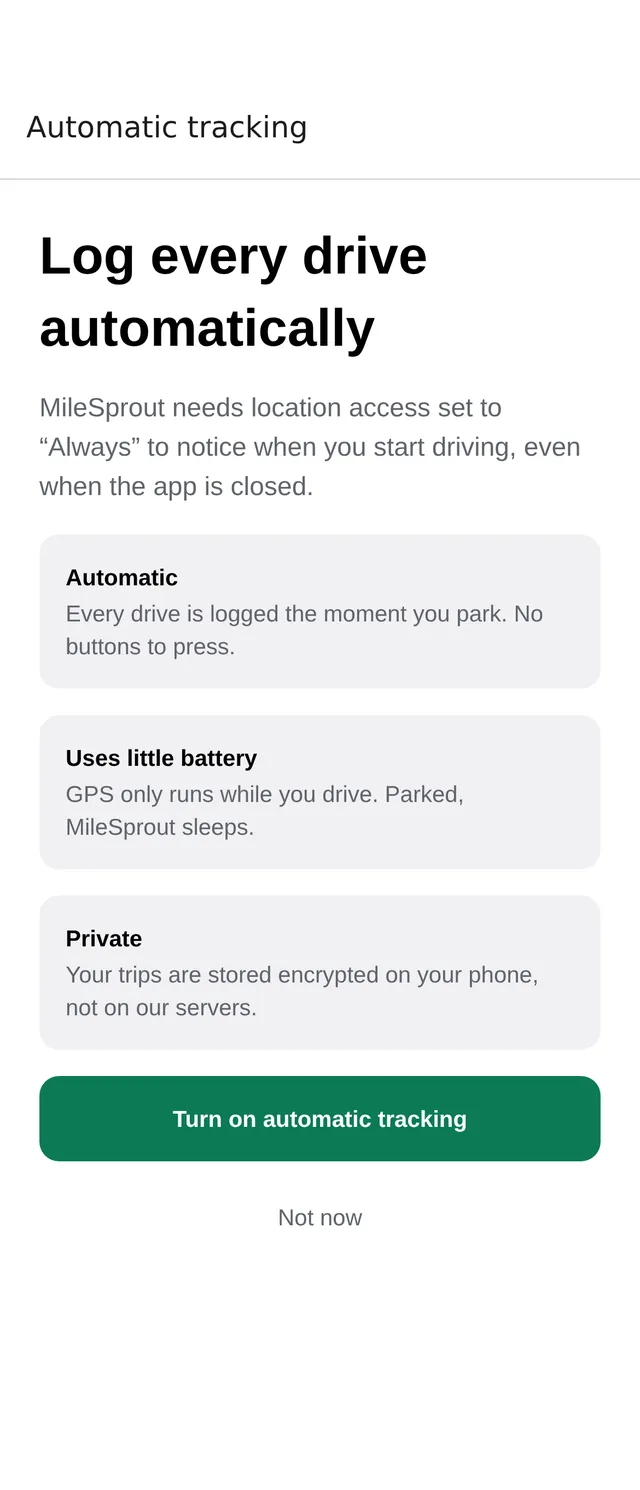 The tracking set-up screen: automatic, uses little battery, and private, with trips stored encrypted on your phone.